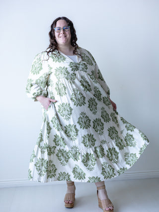 Olive Green Palm Leaf Print Dress