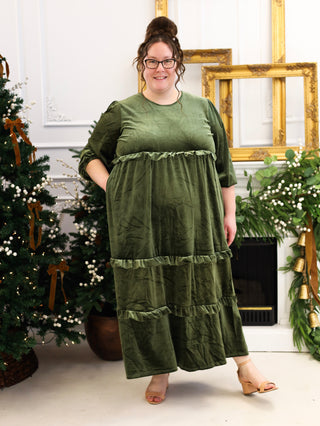 Balsam Green Velvet Ruffle Maxi Dress