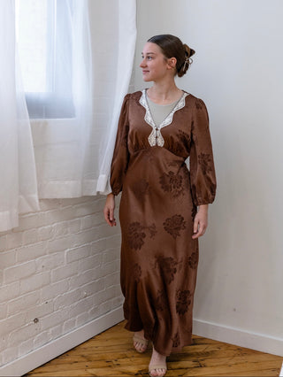 Fall is Here Brown Satin Floral Dress with Lace Trim