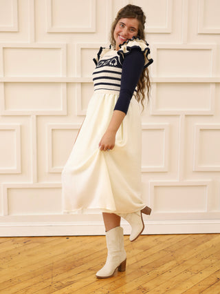 Berry Picking Navy and Cream Crochet Midi Dress