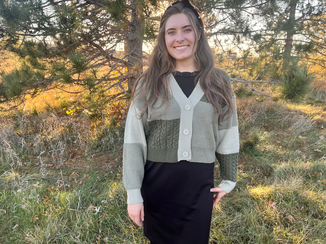 Sage Green Colorblock Patchwork Sweater