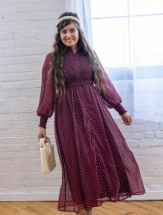 Wine Collared Polka Dot Midi Dress