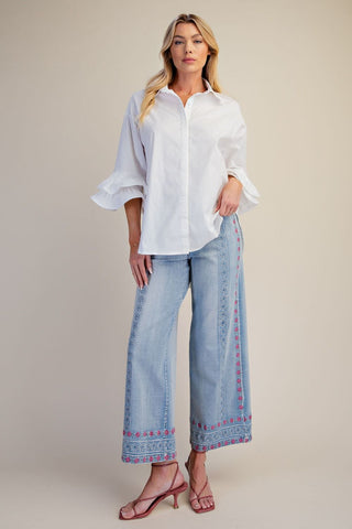 Crisp White Collared Top with Flutter Cuffed Sleeve