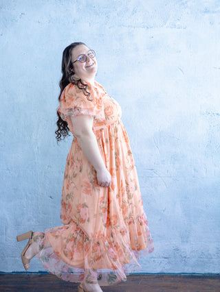 Peach Floral Tulle Maxi Dress