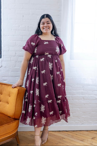 Summertime Burgundy Berry Baby's Breath Embroidered Dress