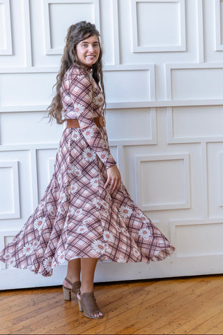Flowering Daisey's Pink and Brown Plaid Maxi Skirt