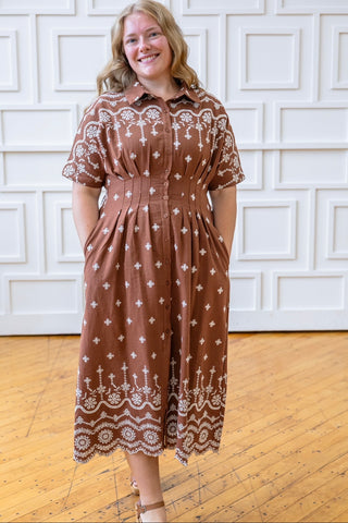 Mocha Embroidered Pleated Midi Dress