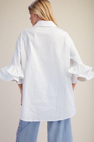 Crisp White Collared Top with Flutter Cuffed Sleeve