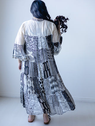 Boho Black and Cream Lace Patchwork Midi Dress