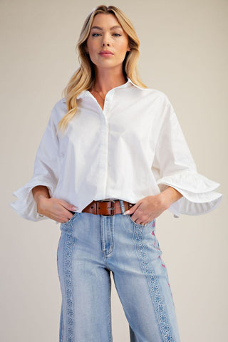 Crisp White Collared Top with Flutter Cuffed Sleeve