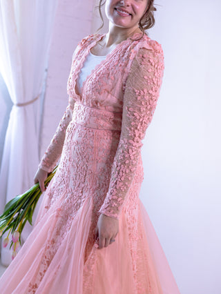 Pretty in Pink Vintage Lace Appliqué and Tulle Midi Dress