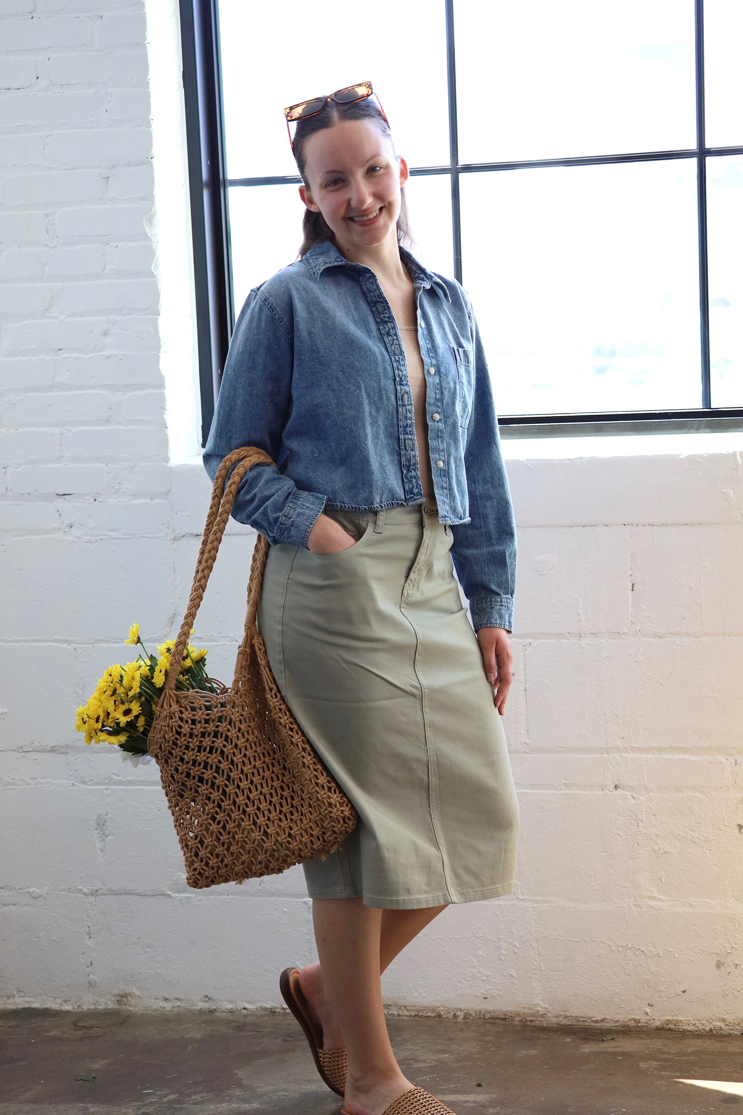Fern Green Denim Midi Skirt
