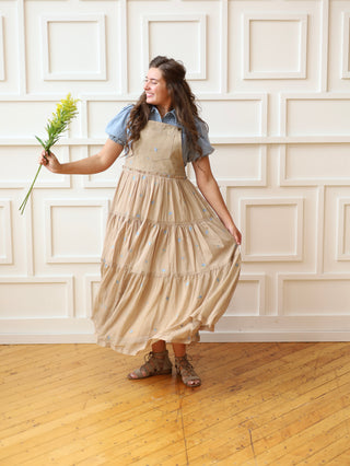 Khaki Floral Embroidered Overall Dress