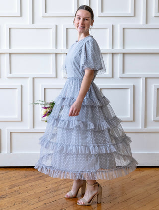 Silver Polka Dot Tulle Midi Dress