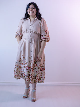 Vintage Pastel Pleated Floral Shirt Dress