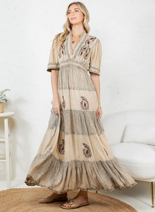 Boho Creamy Latte Maxi Dress with Paisley Detail