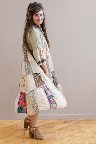 Boho Latte and floral Lace Patchwork Midi Dress