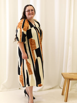 Calico Black and Brown Abstract Midi Dress