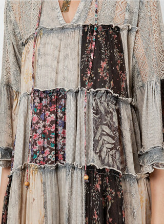 Boho Latte and floral Lace Patchwork Midi Dress