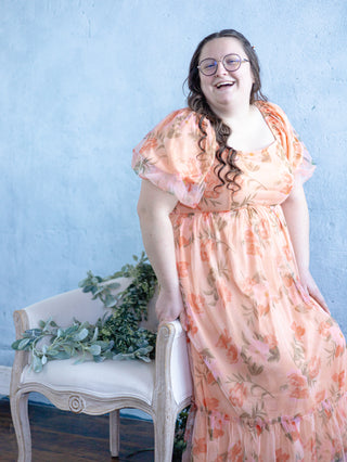 Peach Floral Tulle Maxi Dress