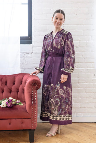 Paisley Plum Midi Dress with Belt