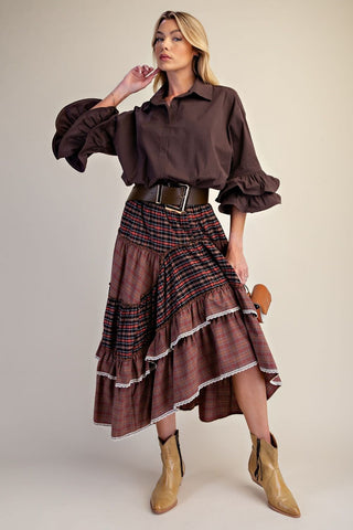 Chocolate Brown Collared Top with Flutter Cuffed Sleeve