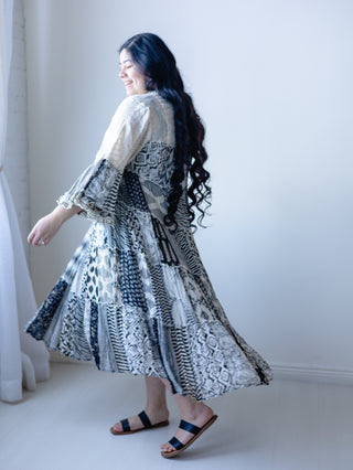 Boho Black and Cream Lace Patchwork Midi Dress