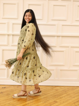Olive Leaf Print Smocked Midi Dress