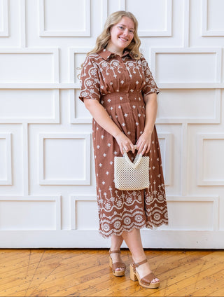Mocha Embroidered Pleated Midi Dress