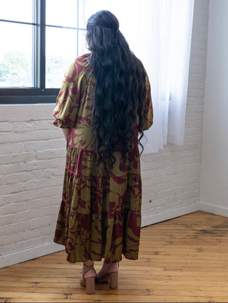 Burgundy and Olive Satin Maxi Dress