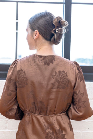 Fall is Here Brown Satin Floral Dress with Lace Trim