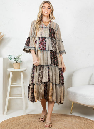 Boho Latte and floral Lace Patchwork Midi Dress