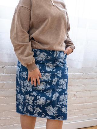 Rose Print Denim Midi Skirt