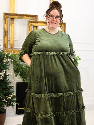 Balsam Green Velvet Ruffle Maxi Dress