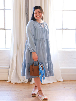 Light Wash Smock Denim Tiered Midi Dress Light Wash Smock Denim Tiered Midi Dress