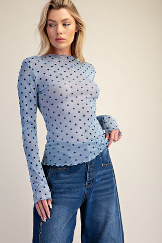 Denim Blue Velvet Polka Dot Layering Top