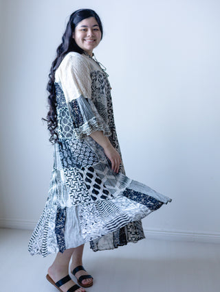 Boho Black and Cream Lace Patchwork Midi Dress