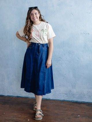 Fit and Flair A-Line Denim Midi Skirt