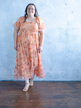 Peach Floral Tulle Maxi Dress