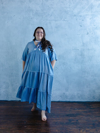 Washed Denim Tiered Fringe Dress Wild & Free Boutiques Washed Denim Tiered Fringe Dress Wild & Free Boutiques