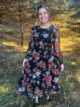 Load image into Gallery viewer, Black Floral Cut Out Chiffon Midi Dress
