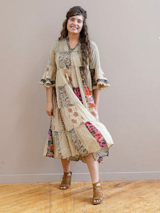 Boho Latte and floral Lace Patchwork Midi Dress