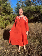 Load image into Gallery viewer, Pumpkin Spice Rust Embroidered Tiered Maxi Dress
