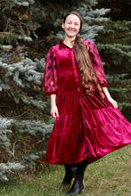 Load image into Gallery viewer, Burgundy Velvet Midi Dress with Organza Plaid Sleeves
