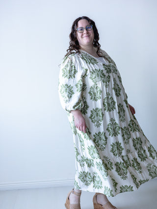 Olive Green Palm Leaf Print Dress