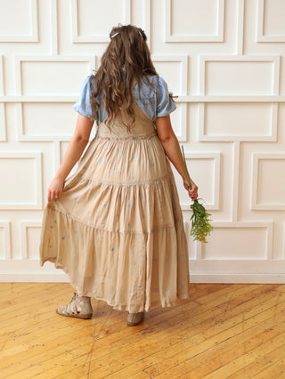 Khaki Floral Embroidered Overall Dress