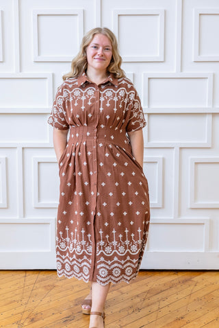 Mocha Embroidered Pleated Midi Dress