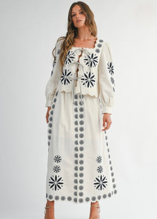 Boho Dream Embroidered Front Tie Top and Matching Skirt Set