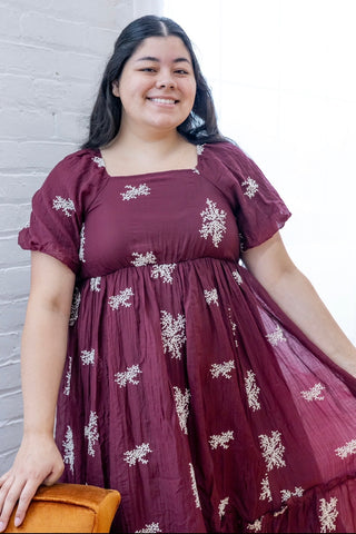 Summertime Burgundy Berry Baby's Breath Embroidered Dress