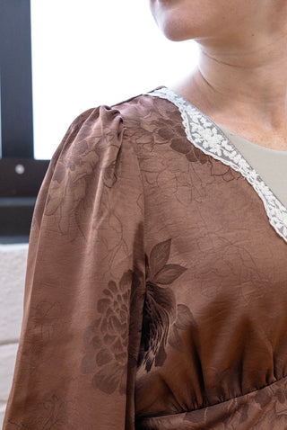 Fall is Here Brown Satin Floral Dress with Lace Trim